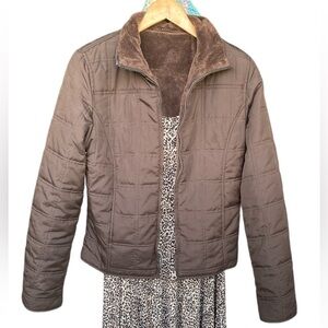 Sporty Brown Warm Reversible Zip Fur Jacket Pockets